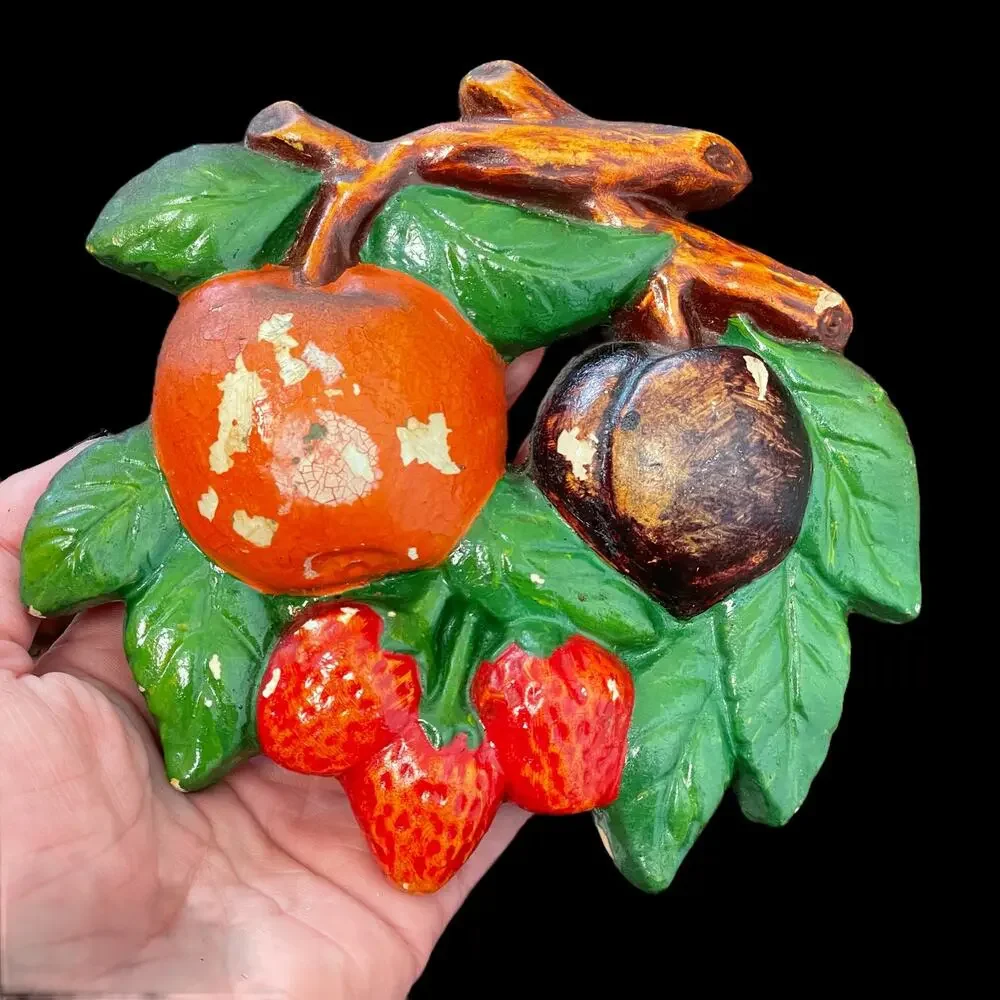Vintage Chalkware Fruit Wall Set of 5 Hanging Kitschy Paint Kitchen Plaque READ